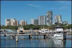 Boats moored in the Frances Bay Mooring Basin adjacent to the central business district of Darwin.