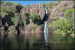 Wangi Falls in Litchfield National Park. A spectacular waterfall cascading into a plunge pool popular for swimming.