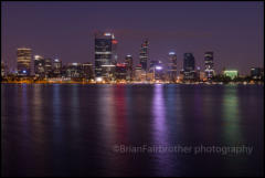 Evening view across the Swan River to the Central Business District of Perth.