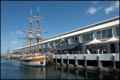 The sailing ship Lady Nelson moored at Elizabeth Street Pier, Hobart Port