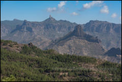 View looking East from Tamadaba Natural Park across the Barranco de Tejeda (Tejeda valley) to Roque Bentayga and Roque Nublo.