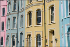 Colourful buildings on the Esplanade in Tenby, Wales.