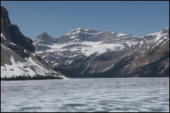 A frozen Bow Lake in Banff National Park, Alberta, Canada. 